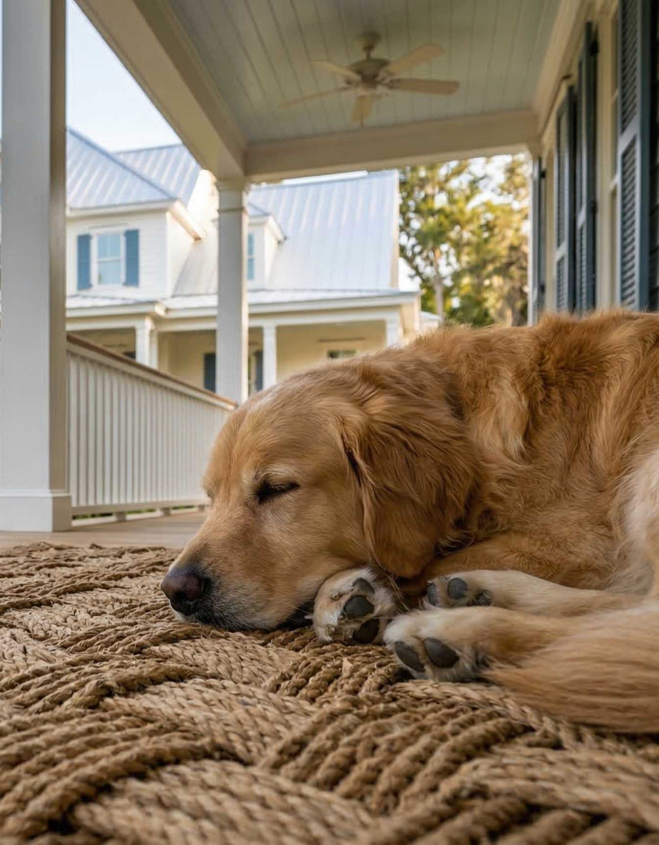 johns-island-sc-29455 home Dog resting on a front porch mat outside a Charleston home