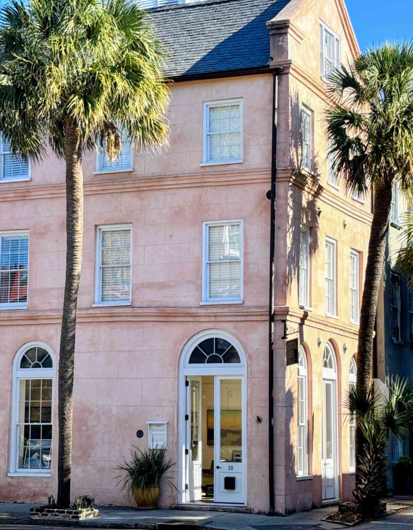 Historic pink building on a corner in downtown Charleston, South Carolina