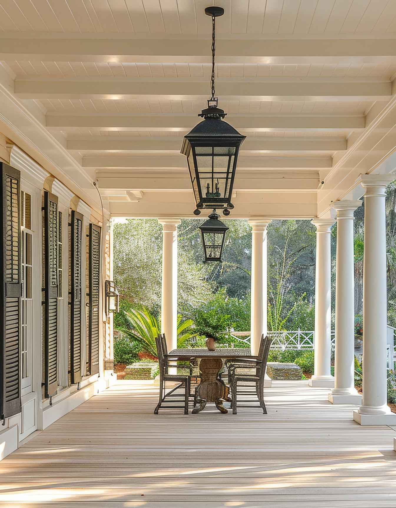 A classic Charleston, South Carolina porch featuring white columns, traditional lanterns, and elegant southern architecture.