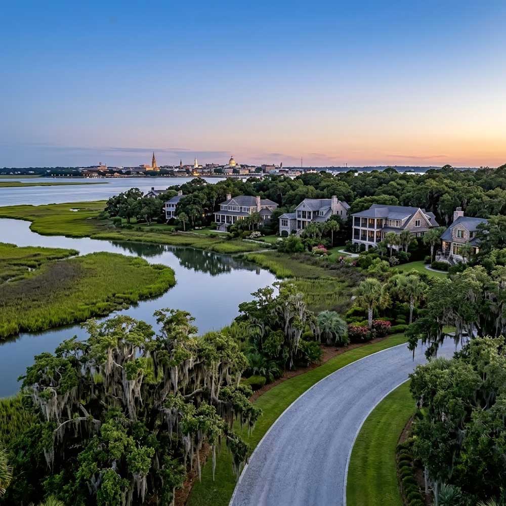 5 Waterfront homes on James Island with Charleston in the distance