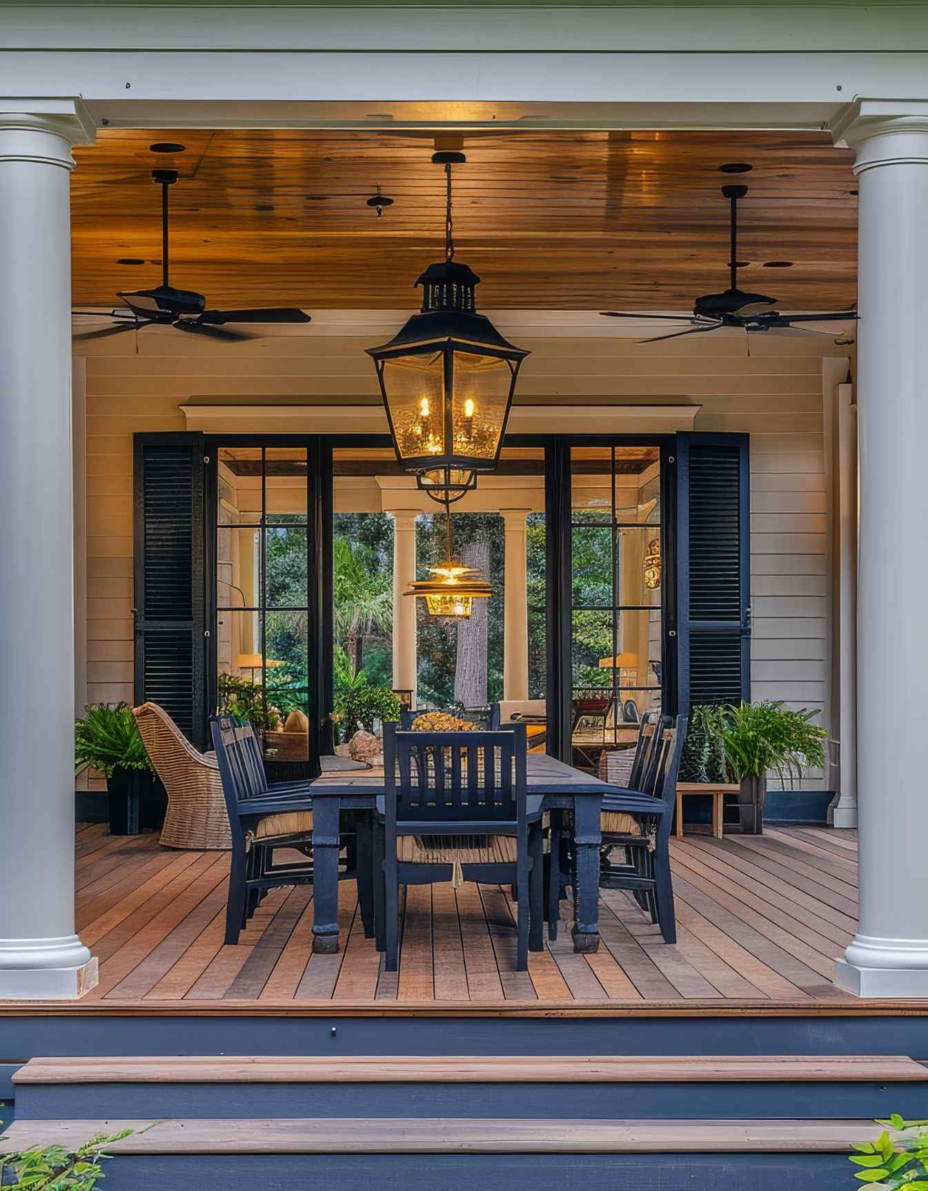 Luxury outdoor dining area on a wooden deck with black furniture and designer lanterns, showcasing the Kiawah Island lifestyle.