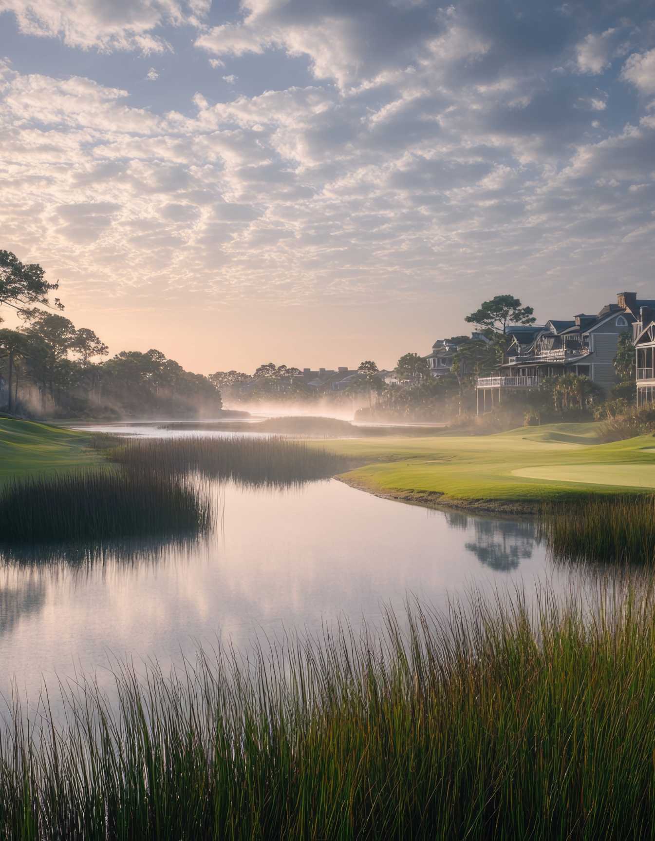 A misty sunrise over a Kiawah Island golf course featuring luxury estate homes, manicured greens, and a reflective water hazard.