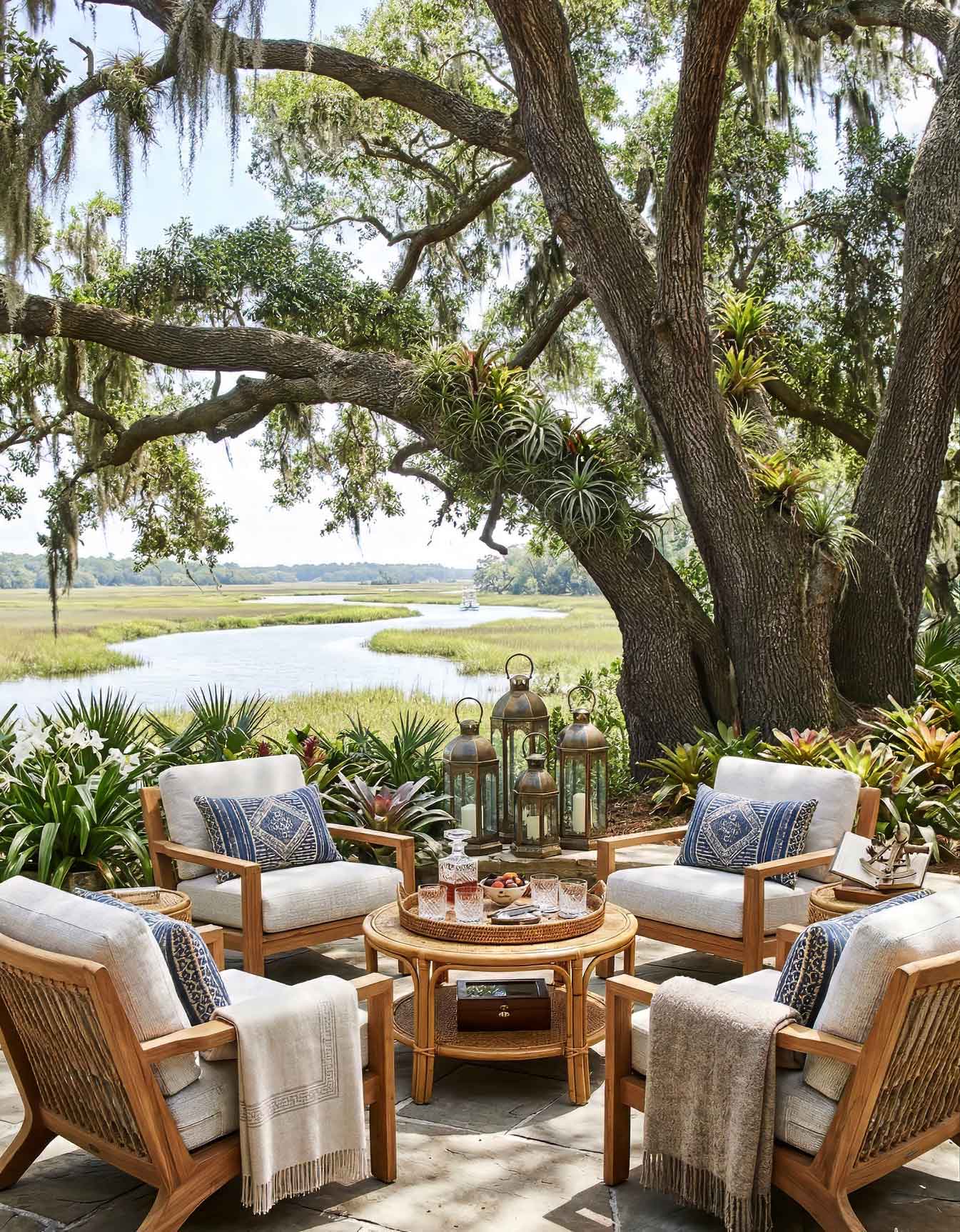 Waterfront estate at Kiawah River on Johns Island, SC 29455, featuring an upscale outdoor patio with wicker furniture under a large Live Oak tree overlooking the river marsh.
