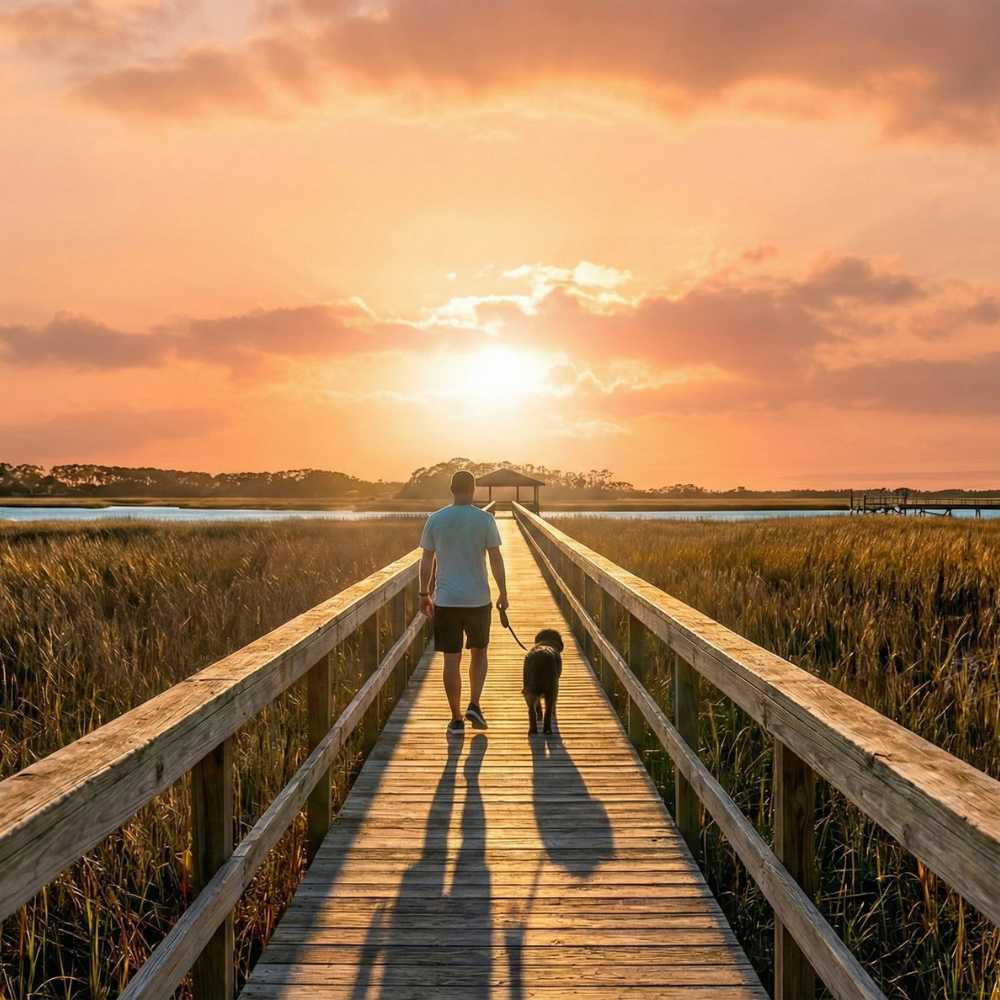 6 A man walking his dog at sunset on a dock in Kiawah River South Carolina