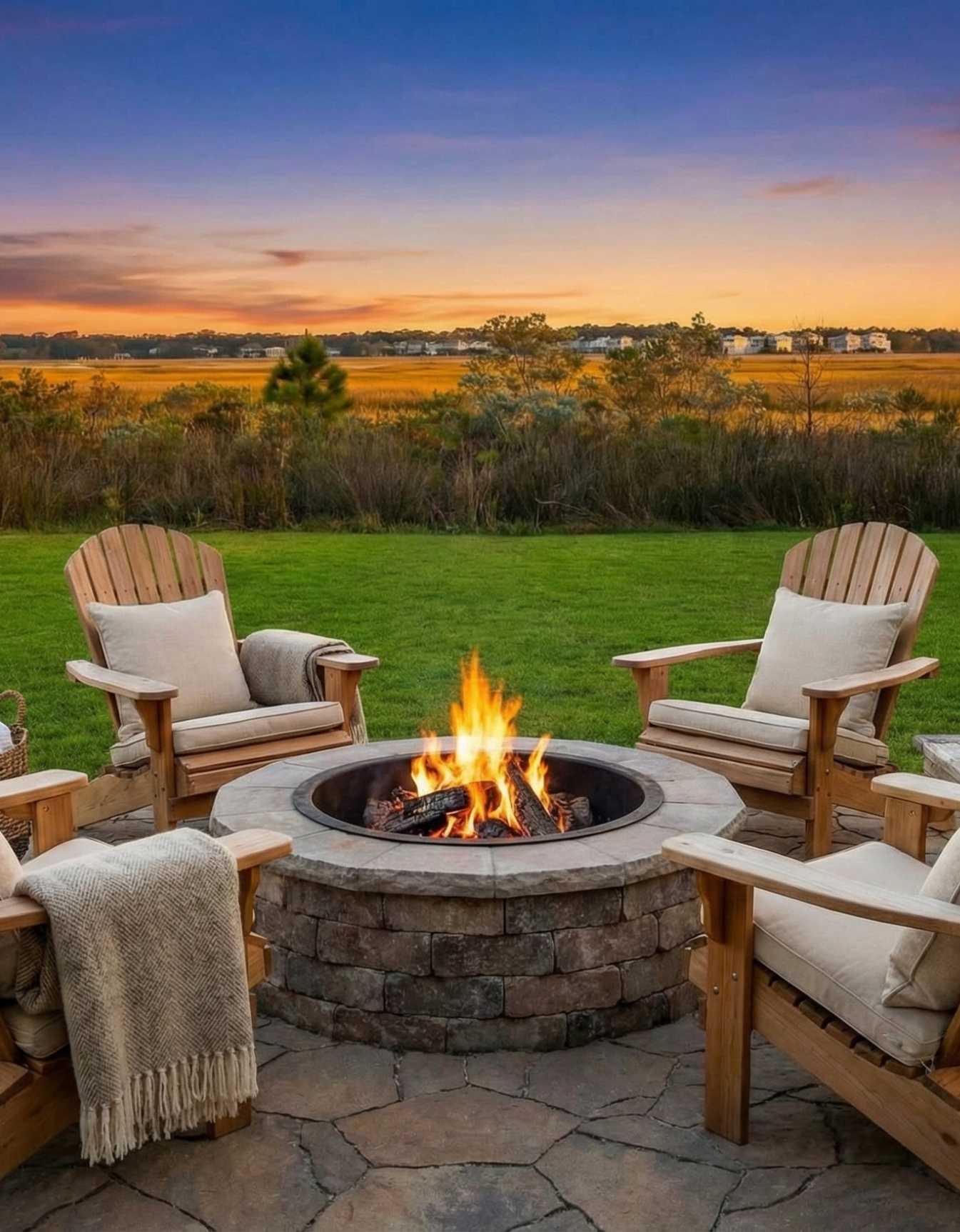johns-island-sc-29455 home Marshfront Charleston outdoor living area with Adirondack chairs and fire pit and marsh view
