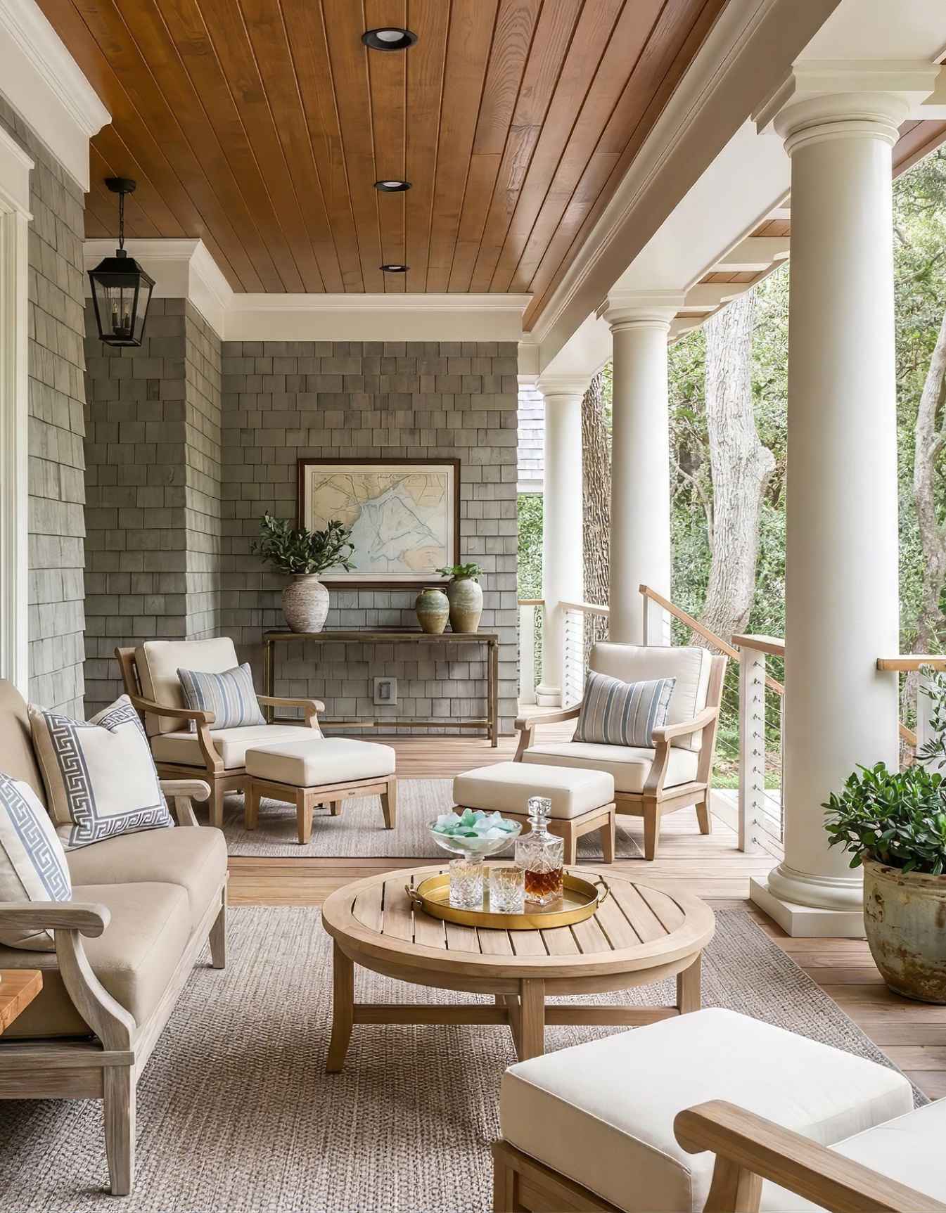 A high-end front porch on Seabrook Island with a stained wood ceiling, comfortable outdoor furniture, and white columns