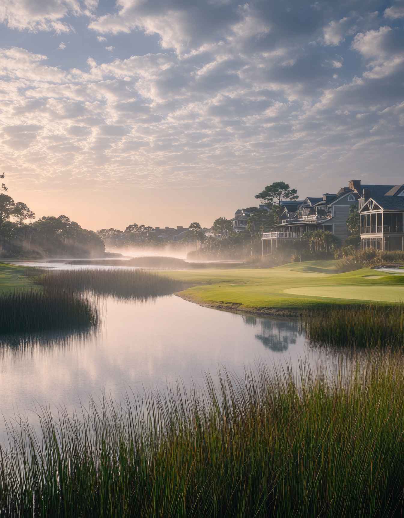 Early morning mist over a calm salt marsh on Seabrook Island with luxury homes visible in the background.