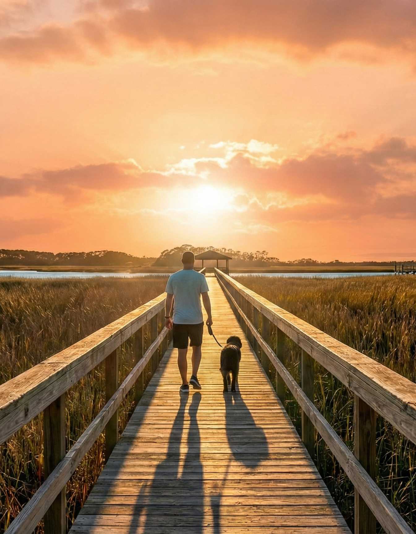 A person walking a dog on a scenic wooden boardwalk at sunset on Kiawah Island.