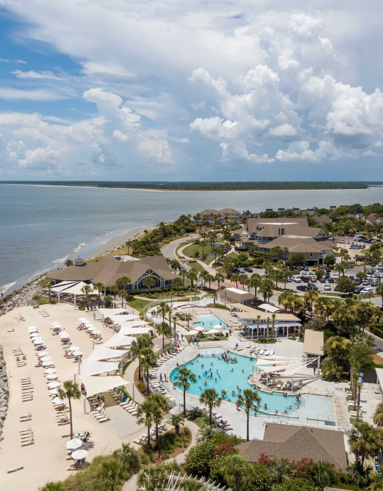 Aerial view of a luxury oceanfront resort and pool complex on Seabrook Island.