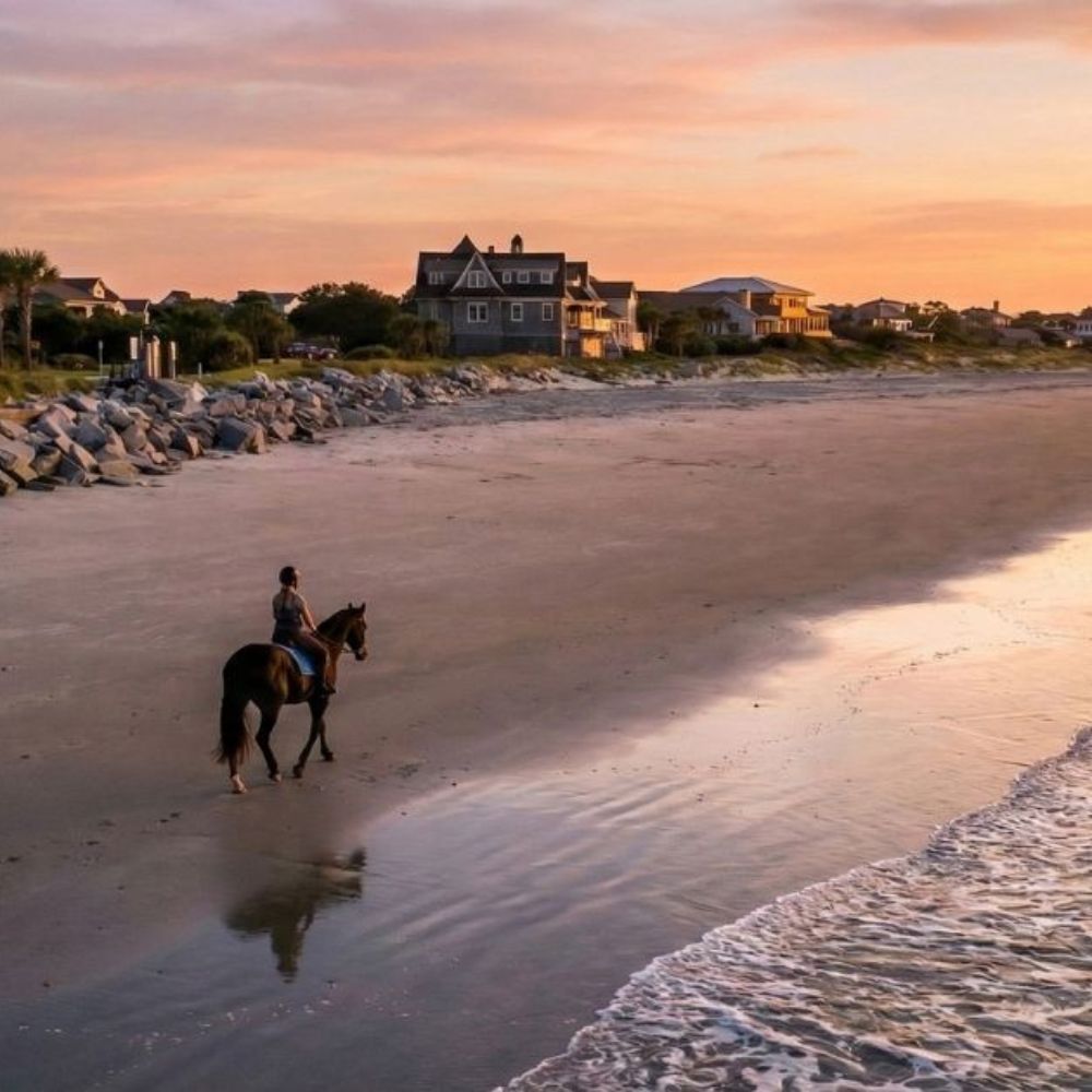 A scenic view of a person riding a horse along the wet sand at North Beach on Seabrook Island during a vibrant sunset.