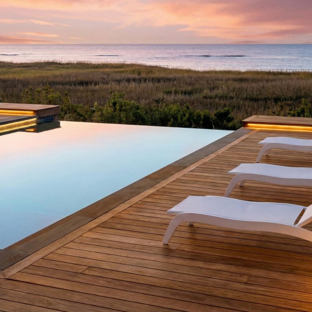 A luxury resort infinity pool on Kiawah Island overlooking the beach and the Atlantic Ocean during a golden hour sunset.