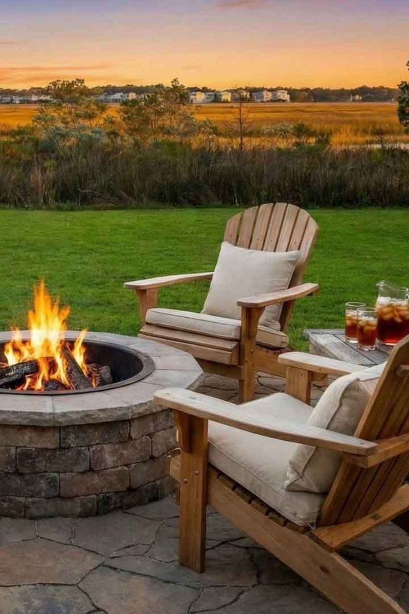 Marshfront Charleston outdoor living area with Adirondack chairs and fire pit and marsh view