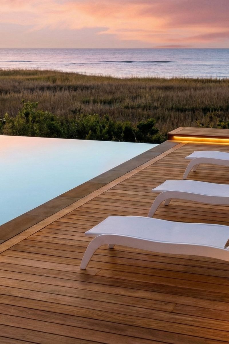 A luxury resort infinity pool on Kiawah Island overlooking the beach and the Atlantic Ocean during a golden hour sunset.