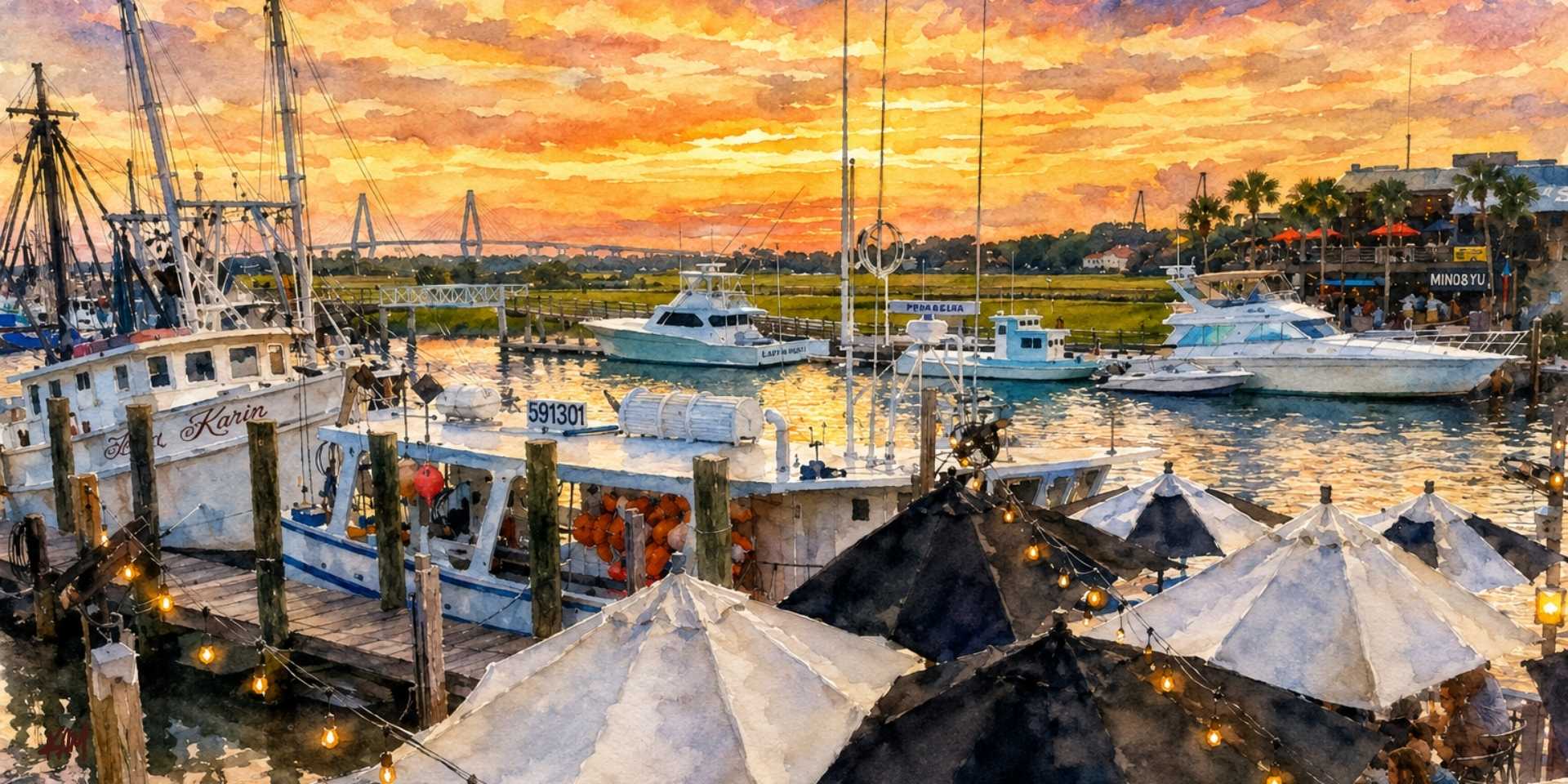 Sunset views over boats and waterfront dining along Shem Creek in Mount Pleasant Charleston.