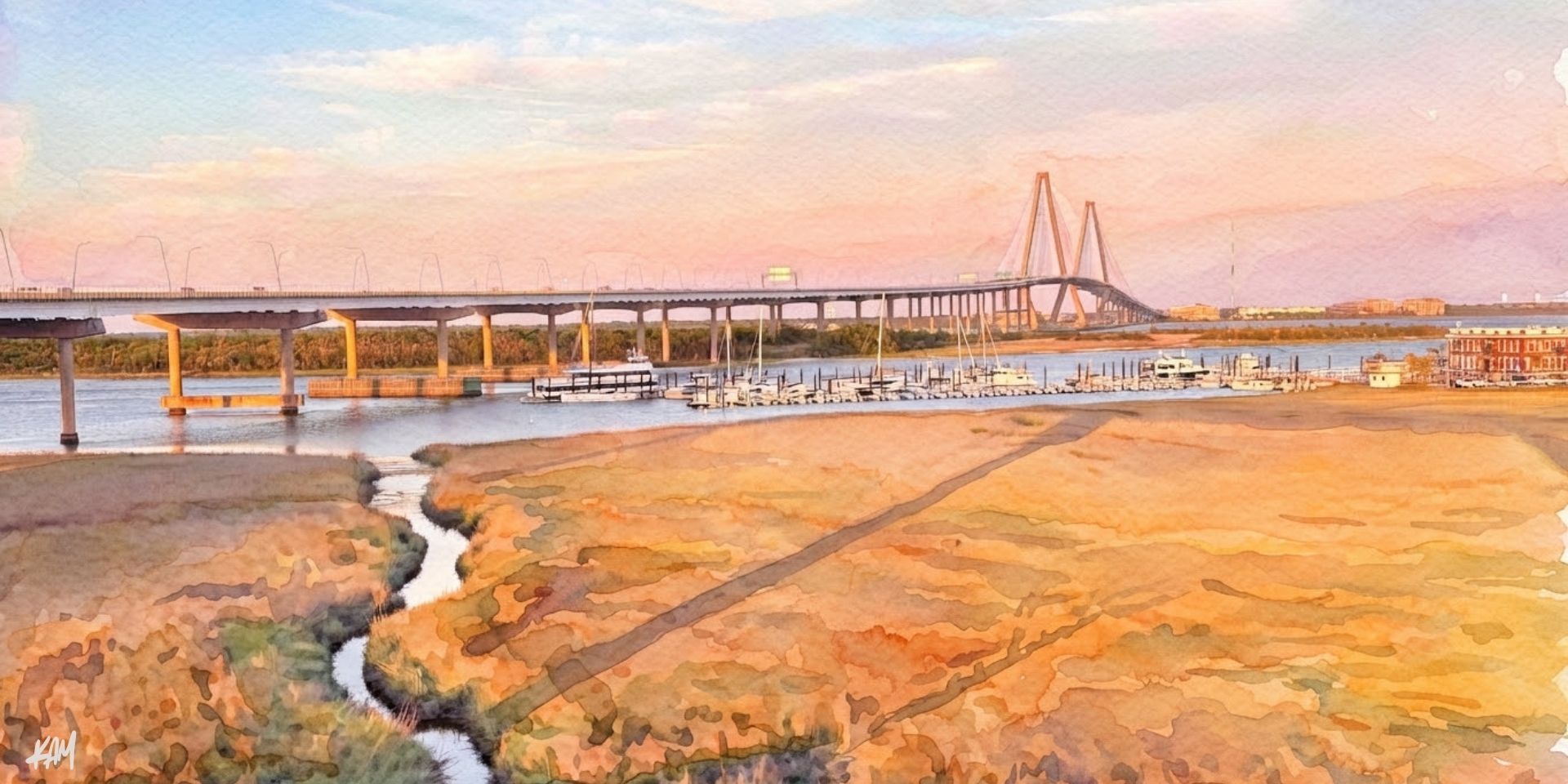 Ravenel Bridge above coastal marsh near Mount Pleasant, one of the suburbs of Charleston SC