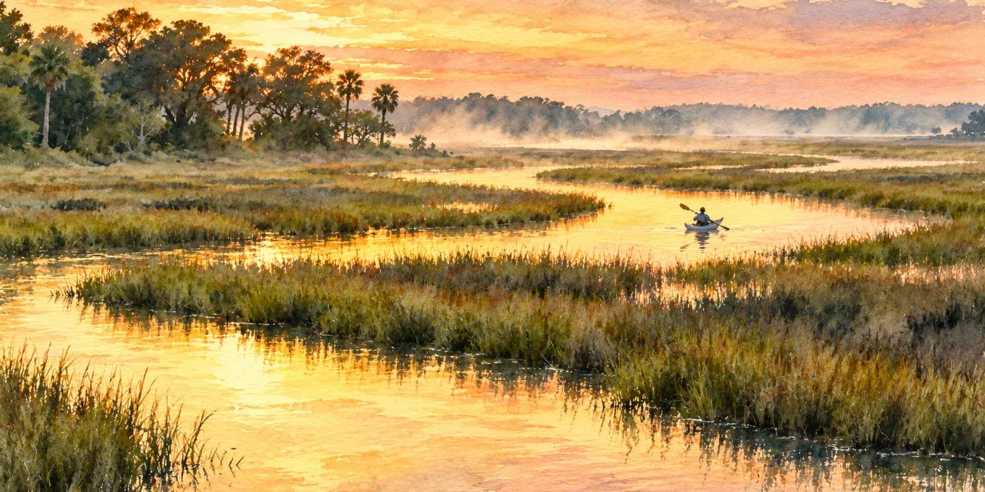 Watercolor illustration of a kayaker paddling through a winding salt-marsh creek beneath a golden sunset.