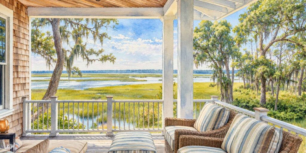 Watercolor illustration of a waterfront home near Charleston, with wicker porch seating overlooking salt marsh and tidal waterways.