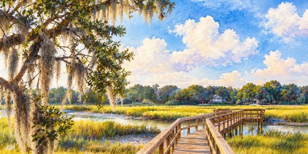 Watercolor illustration of a boardwalk crossing a tidal creek, framed by a live oak draped in Spanish moss.